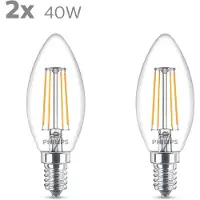 Philips LED-lyspære Classic Candle 4.3W/827 (40W) Clear 2-pack E14