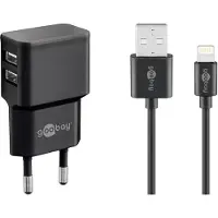 Goobay - Strømadapter - 12 watt - 2.4 A - 2 utgangskontakter (USB) - på kabel: Lightning - svart - Europa