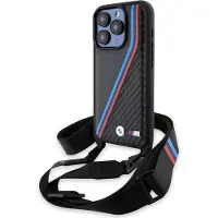 BMW M Edition Carbon Tricolor Lines & Strap-etui for iPhone 15 Pro - svart