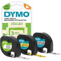 Dymo Letratag tape, 12mm x 4m (3 ruller), sort skrift på gul/sølv/hvit, papir/metallic/plast