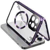 Mtp Products Dobbeltsidig herdet glass + magnetisk metallramme Anti-Drop Case for iPhone 15 Kompatibel med MagSafe Phone Cover med spennelås - Lilla