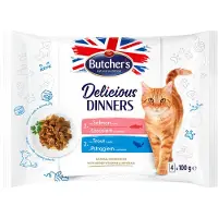 Butcher's Megapakke Delicious Dinners katt 64 x 100 g - Miks: Laks, ørret