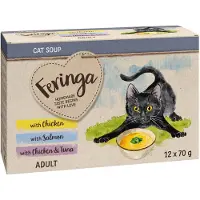 Feringa suppe til katt 12 x 70 g - Mixpakke (Kylling, Laks, Kylling & Tunfisk)