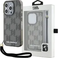 Karl Lagerfeld IML Mono KL-etui med mønster og ledning for iPhone 15 Pro - svart