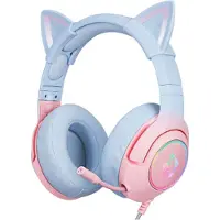 Onikuma Gaming-hodesett RGB med katteører og justerbar mikrofon - rosa/blå