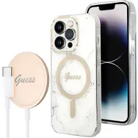 GUESS GUBPP14LHMEACSH deksel + iPhone 14 Pro 6,1 hvitt hardt deksel med marmor, MagSafe