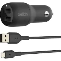 Belkin BoostCharge Dual Charger - Bilstrømadapter - 24 watt - 4.8 A - 2 utgangskontakter (USB) - på kabel: Lightning - svart