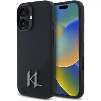 Karl Lagerfeld MagSafe iPhone 16-etui i silikon med metallskyggeinitialer - svart
