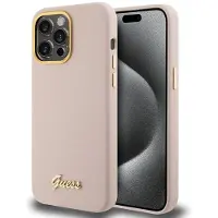 GUESS Silikon Script Metal Logo & Frame-etui for iPhone 15 Pro - rosa