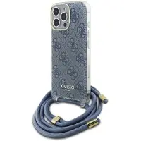 GUESS Crossbody Cord 4G-etui med trykk og nøkkelbånd til iPhone 16 Pro - blå