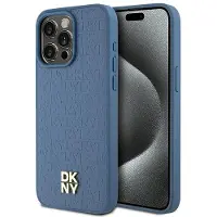 DKNY MagSafe-etui i lær med monogrammønster og metalllogo for iPhone 15 Pro Max - Blå