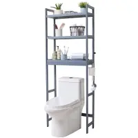 Vevor Oppbevaring over toalettet, justerbar baderomsorganisator i 3 nivåer, bambushylle med 3 kroker, frittstående, enkel montering, plassbesparende for klesvask, passer til de fleste toaletter, grå
