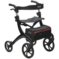 Vevor sammenleggbar rullator for eldre og voksne, lett aluminiumsrullator med sete og justerbart håndtak, 4-hjuls utendørs mobilitetsrullator med romslig oppbevaringspose, 145 kg kapasitet
