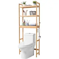 Vevor Oppbevaring over toalettet, justerbar baderomsorganisator i 3 nivåer, bambushylle med 3 kroker, frittstående, enkel montering, plassbesparende for klesvask, passer til de fleste toaletter