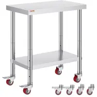 Vevor arbeidsbord i rustfritt stål 30 x 18 x 34 tommer, 700 lbs lastekapasitet med 4 hjul, 3 justerbare høydenivåer, kraftig arbeidsbord for matlaging for storkjøkkenrestaurant, sølvfarget