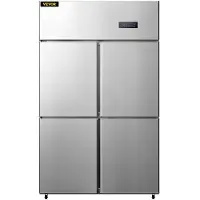 Vevor Kommersielt kjøleskap med rekkevidde, 4 dører stående drikkekjøler, 27,5 cu.ft side-ved-side fryser, rustfritt stål merchandiser kjøleskap, bedriftskjøleskap for snacks og drikke, sølvfarget