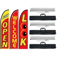 Vevor Åpne flagg med stangsett, Reklameflagg for bedrifter utendørs, Reklamefjærflaggsett, 3 flagg (Åpne, Se, Velkommen), 3 stenger, 3 bakkestaker, Swooper-flagg for bedrifter 16,3 fot