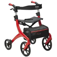 Vevor sammenleggbar rullator for eldre og voksne, lett aluminiumsrullator med sete og justerbart håndtak, 4-hjuls utendørs mobilitetsrullator med romslig oppbevaringspose, 145 kg kapasitet