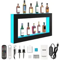 Vevor LED-belyst flaskedisplay med brennevin, firkantet 48 tommer, opplyst barhylle med RF-fjernkontroll og appkontroll, 7 statiske farger, 1–4 timers timer, veggmontert akrylbelysningshylle for 24 fl
