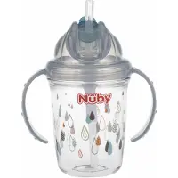 Nuby Drikkekopp m. Håndtak og Sugerør - 240 ml - Grå m. Trykk - - OneSize - Kopp
