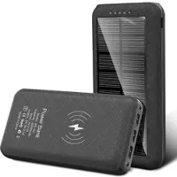 Mtp Products Solcellebatteri 20000mAh med trådløs lading, 3x USB-porter, dobbel LED-lommelykt - Svart