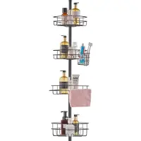 Vevor dusjhjørnespennstang, 42" til 114" høy, multifunksjonell dusjspennstang med sterk bærende brett, rustfri, enkel å installere spennstang, egnet for bad og vaskerom