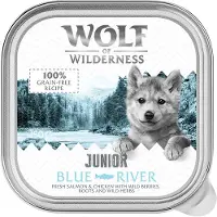 Wolf of Wilderness JUNIOR - Duo proteinoppskrift 6 / 24 x 150 g skål - 24 x 150 g Blue River - Kylling & Laks