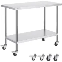 Vevor arbeidsbord i rustfritt stål 24 x 48 x 38 tommer, med 4 hjul, 3 justerbare høydenivåer, kraftig arbeidsbord for matlaging for storkjøkken, restaurant, sølv