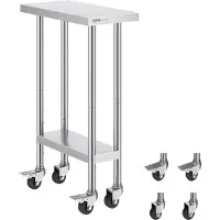 Vevor arbeidsbord i rustfritt stål 24 x 12 x 38 tommer, med 4 hjul, 3 justerbare høydenivåer, kraftig arbeidsbord for matlaging for storkjøkken, restaurant, sølvfarget