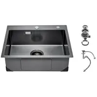 Vevor 68 cm kjøkkenvask arbeidsstasjon, toppmonterte vask i 304 rustfritt stål, nedfellbar enkeltkumme gårdshusvask med tilbehør, oppvaskmaskinvask for bobil, forberedelseskjøkken og bar (svart)