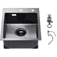 Vevor 40 cm kjøkkenvask arbeidsstasjon, toppmonterte vask i 304 rustfritt stål, nedfellbar enkeltkumme gårdshusvask med tilbehør, oppvaskmaskinvask for bobil, forberedelseskjøkken og bar (svart)