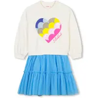 Billieblush for girl. U20515 Beige, blue bimaterial dress (6Y= 114/119cm), Casual, Polyester, Long sleeve, children's fashion