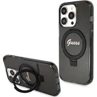 GUESS Ring Stand Script Glitter MagSafe-etui for iPhone 15 Pro - svart