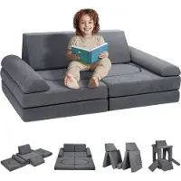 Vevor barnesofa, 10 stk. modulær lekesofa for barn, småbarnssofa, sovesofa, barnestol, lekeromsmøbler, barnesofa med avtakbart trekk for jenter og gutter, grå