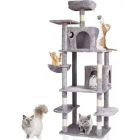 Vevor kloretre for innekatter, 68,5" kattetårn med 2 kattehytter, klorestativ i sisal, hengekøye, topp sitteplass, hoppeplattformer, stort aktivitetssenter for kattemøbler med hengeball, lysegrå
