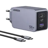 UGREEN Nexode Pro series - Strømadapter - GaN - 100 watt - 2.5 A - PD - 3 utgangskontakter (2 x USB-C, USB) - på kabel: USB-C