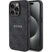 GUESS 4G Collection MagSafe-etui i lær med metallogo for iPhone 15 Pro - svart