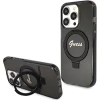 GUESS Ring Stand Script Glitter MagSafe-etui for iPhone 15 Pro Max - svart