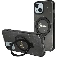 GUESS Ring Stand Script Glitter MagSafe-etui for iPhone 15 Plus / 14 Plus - Svart