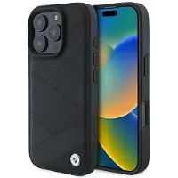 BMW Signature Leather Crossing Lines Pattern iPhone 16 Pro-etui - svart