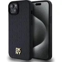 DKNY MagSafe-etui i lær med monogrammønster og metalllogo for iPhone 15 Plus / 14 Plus - Svart