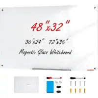 Vevor Magnetic Glass Whiteboard, Dry Erase Board 1200 x 800 mm, Veggmontert stor hvit glassplate uten ramme, med markeringsbrett, viskelær og 2 markører, hvit