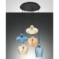 FABAS LUCE Hengelampe Olbia, Ø 50 cm, 5 lyskilder, rav/blå/beige, glass