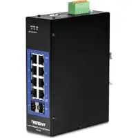 Trendnet TI-PG102I - Switch - Styrt - 8 x 10/100/1000 (PoE+) + 2 x Gigabit SFP - DIN-skinnemonterbar - PoE+ (240 W) - likestrøm - TAA-samsvar