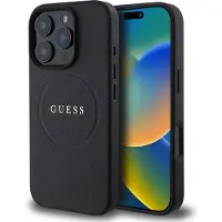 GUESS iPhone 16 Pro Grained Classic Logo Hybrid-deksel - MagSafe-kompatibel - Svart