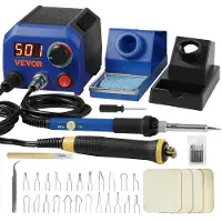 Vevor Vedfyringssett, 250~700°C justerbar temperatur med display, dobbel utgang med 2 pyrografipenner, 23 trådspisser, 5 solide spisser, 2 pennholdere, 4 treflis, 1 pinsett, 1 svamp