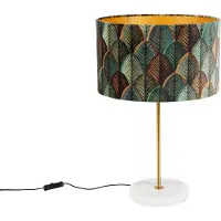 QAZQA Messing bordlampe med fløyelslampeskjerm, bladmønster og gullinnside - Kaso