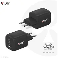 Club 3D CAC-1913 - Strømadapter - GaN technology, triple port - 65 watt - 5 A - PD 3.0, PD/PPS - 3 utgangskontakter (USB-type A, 2 x USB-C) - på kabel: USB-C - Europa