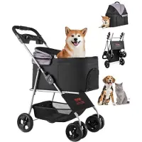 Vevor Dyrevogn, Vektkapasitet 14,5 kg, Sammenleggbar Hundevogn, 4 Hjul Kattevogn med Avtakbar Stativ og Nettingvinduer, Bærbar Dyrevogn med Brems for Små og Mellomstore Kjæledyr