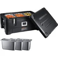 Vevor isolert matpanneholder, 36 qt kapasitet, stabelbar catering-varmeboks med 3 rustfrie stålpanner, topplastet LLDPE-matvarmer med elastiske sidehåndtak og spenner, for restaurantkantine, svart